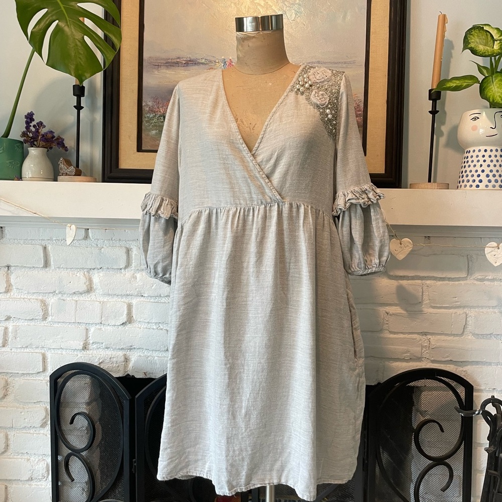 Zara Gray Wrap Tie Front Puff Sleeve Dress